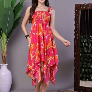 Women's Orange & Pink Printed Cotton Handkerchief Hem Dress Midi Dresses